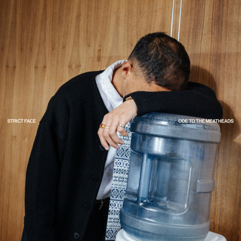 Artwork for Strict Face's Ode To The Meatheads showing a man leaning his head on a plastic water cooler jug against a wood-paneled wall.